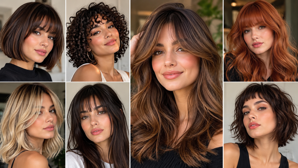7 Cortes de Cabelo com Franja que Estão em Alta em 2026 4 Mulheres com diferentes cortes de cabelo com franja em 2026